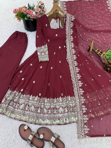 Stylish Maroon Georgette Embroidery Work Gown