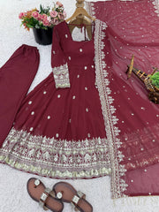 Stylish Maroon Georgette Embroidery Work Gown