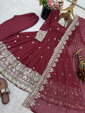 Stylish Maroon Georgette Embroidery Work Gown