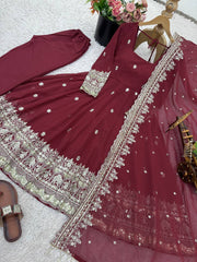 Stylish Maroon Georgette Embroidery Work Gown