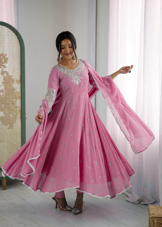 Glorious Pink Faux Sequence Work Anarkali Gown