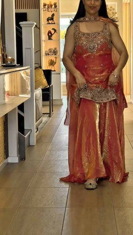Pretty Orange Silk Embroidery Work Palazzo Suit