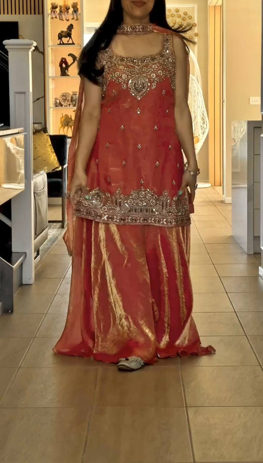 Pretty Orange Silk Embroidery Work Palazzo Suit