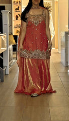 Pretty Orange Silk Embroidery Work Palazzo Suit