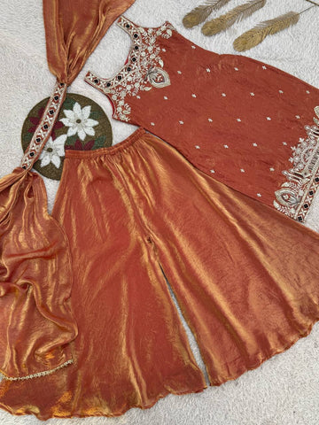 Pretty Orange Silk Embroidery Work Palazzo Suit