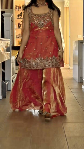 Pretty Orange Silk Embroidery Work Palazzo Suit