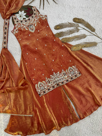 Pretty Orange Silk Embroidery Work Palazzo Suit