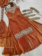Pretty Orange Silk Embroidery Work Palazzo Suit