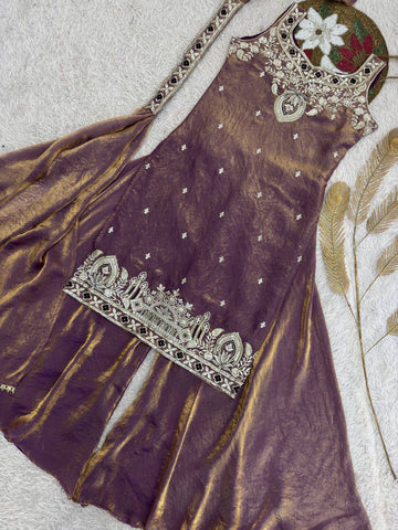 Pretty Orange Silk Embroidery Work Palazzo Suit