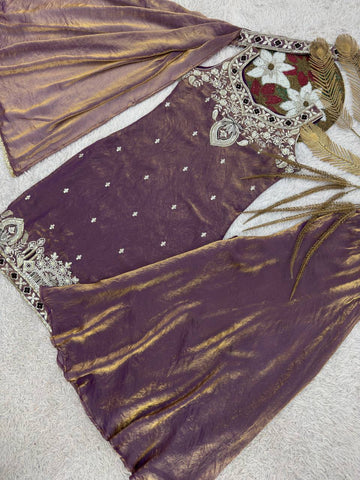 Pretty Orange Silk Embroidery Work Palazzo Suit