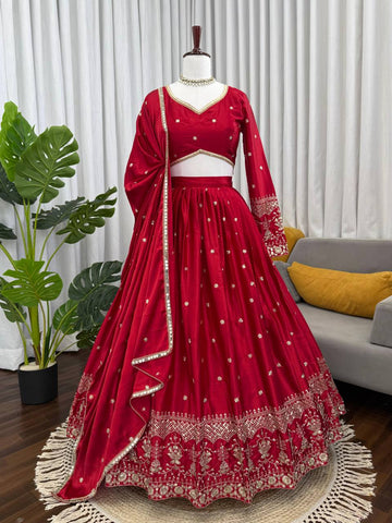 Designer Red Satin Thread and Sequence Work Lehenga Choli