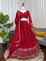 Designer Red Satin Thread and Sequence Work Lehenga Choli