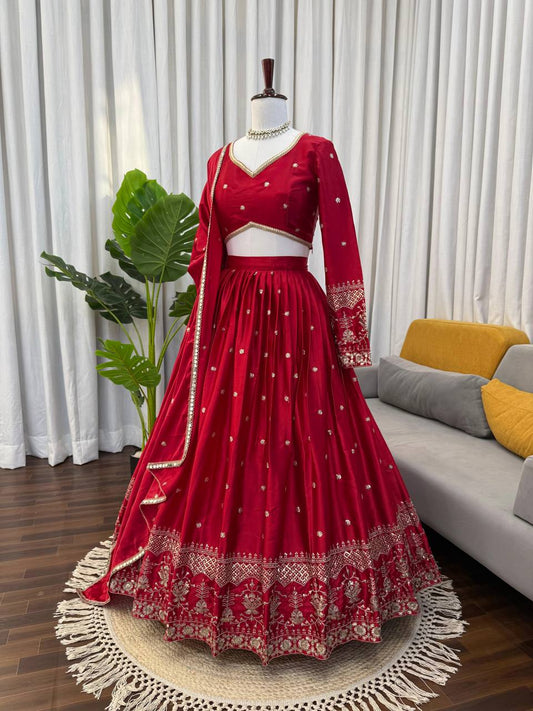Designer Red Satin Thread and Sequence Work Lehenga Choli