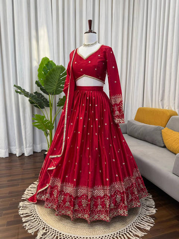 Designer Red Satin Thread and Sequence Work Lehenga Choli
