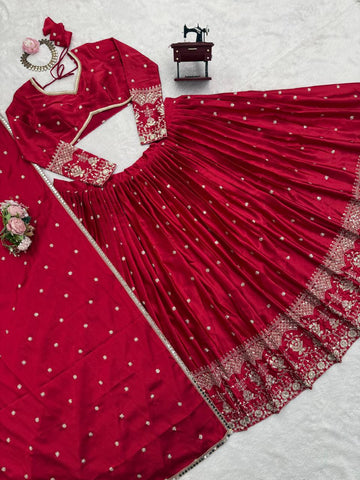 Designer Red Satin Thread and Sequence Work Lehenga Choli