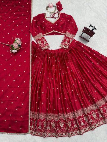 Designer Red Satin Thread and Sequence Work Lehenga Choli