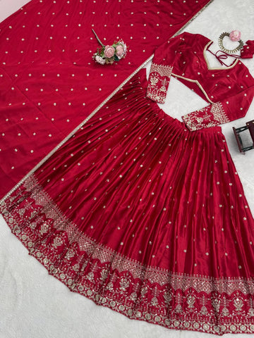 Designer Red Satin Thread and Sequence Work Lehenga Choli