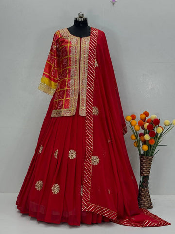 Designer Red Chinon Embroidery Work Lehenga Choli