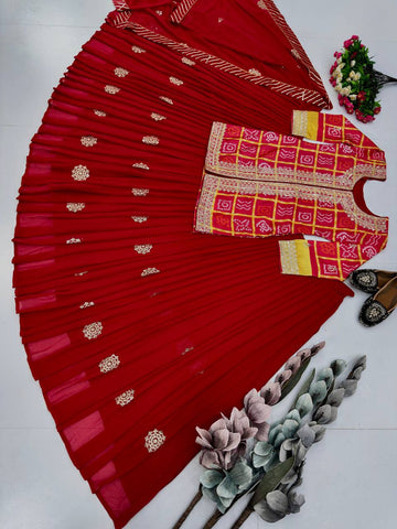 Designer Red Chinon Embroidery Work Lehenga Choli