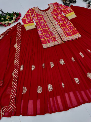 Designer Red Chinon Embroidery Work Lehenga Choli