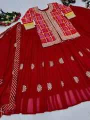 Designer Red Chinon Embroidery Work Lehenga Choli