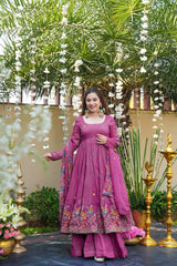 Trendy Purple Silk Embroidery Work Gown