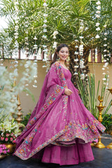 Trendy Purple Silk Embroidery Work Gown