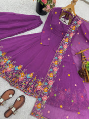 Trendy Purple Silk Embroidery Work Gown