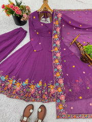 Trendy Purple Silk Embroidery Work Gown