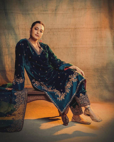 Elegant Rama Green Velvet with Embroidery Work Sharara Suit