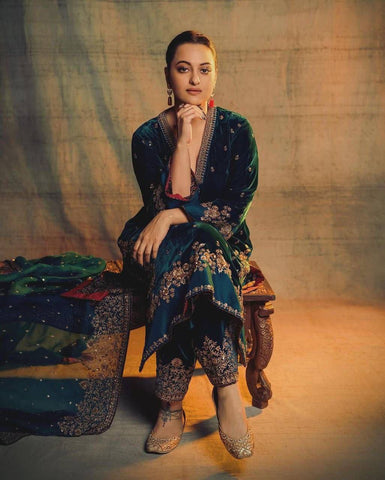 Elegant Rama Green Velvet with Embroidery Work Sharara Suit