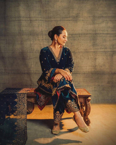 Elegant Rama Green Velvet with Embroidery Work Sharara Suit