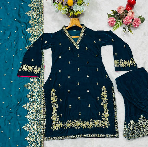 Elegant Rama Green Velvet with Embroidery Work Sharara Suit