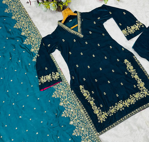 Elegant Rama Green Velvet with Embroidery Work Sharara Suit