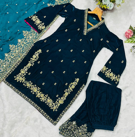 Elegant Rama Green Velvet with Embroidery Work Sharara Suit