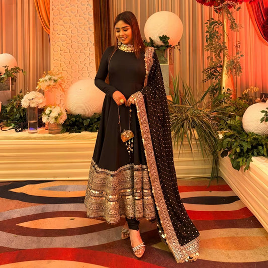 Alluring Black Rayon with Thread Work Anarkali Suit