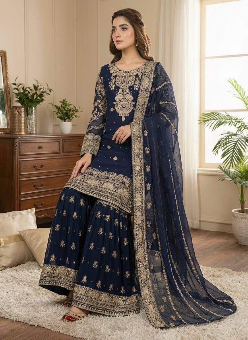 Daisy Blue Georgette Sequence Work Sharara Suit