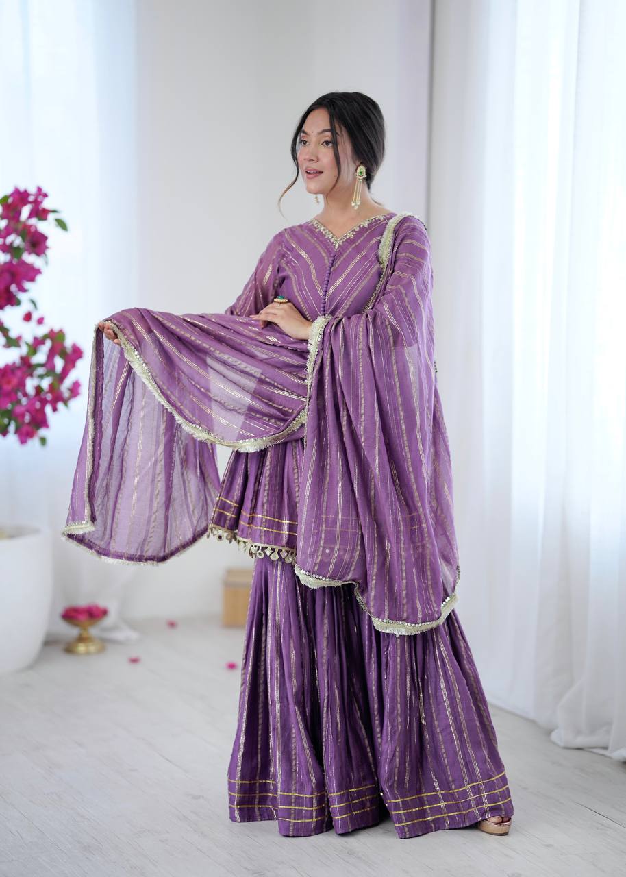 Lovely Purple Chanderi Mirror Work Sharara Suit
