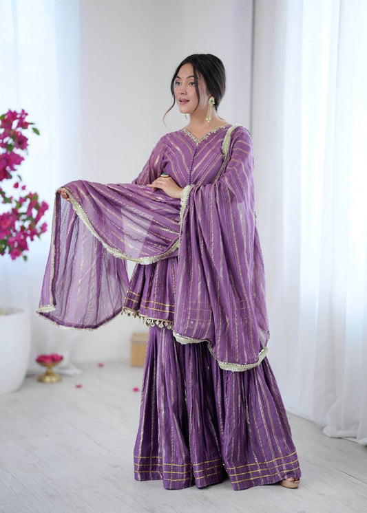 Lovely Purple Chanderi Mirror Work Sharara Suit