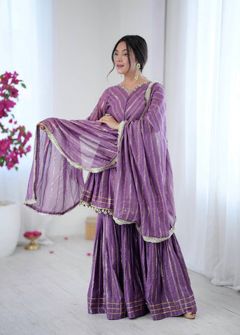 Lovely Purple Chanderi Mirror Work Sharara Suit