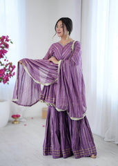 Lovely Purple Chanderi Mirror Work Sharara Suit