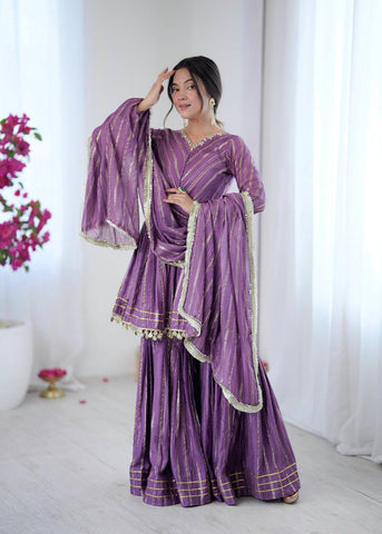 Lovely Purple Chanderi Mirror Work Sharara Suit