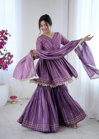Lovely Purple Chanderi Mirror Work Sharara Suit