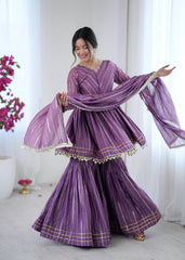 Lovely Purple Chanderi Mirror Work Sharara Suit