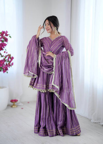 Lovely Purple Chanderi Mirror Work Sharara Suit