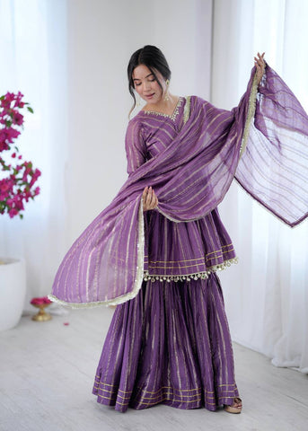 Lovely Purple Chanderi Mirror Work Sharara Suit