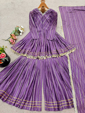 Lovely Purple Chanderi Mirror Work Sharara Suit