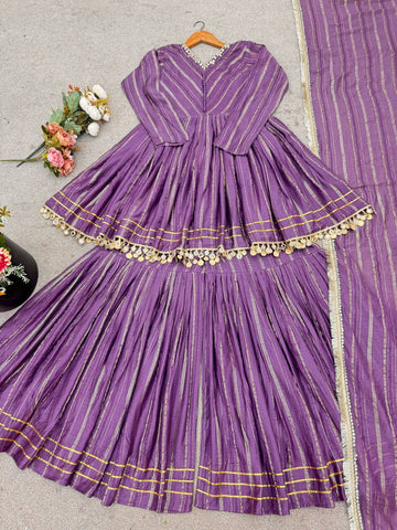Lovely Purple Chanderi Mirror Work Sharara Suit