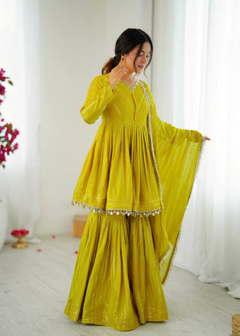 Lovely Purple Chanderi Mirror Work Sharara Suit