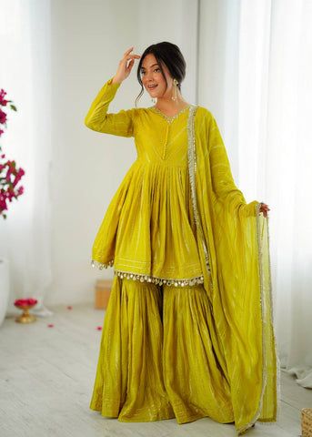 Lovely Purple Chanderi Mirror Work Sharara Suit